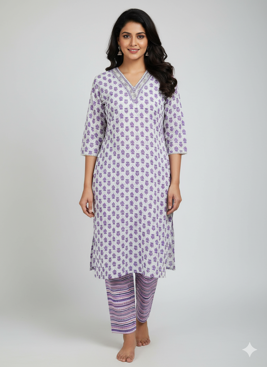 White & Purple Printed Kurta Set