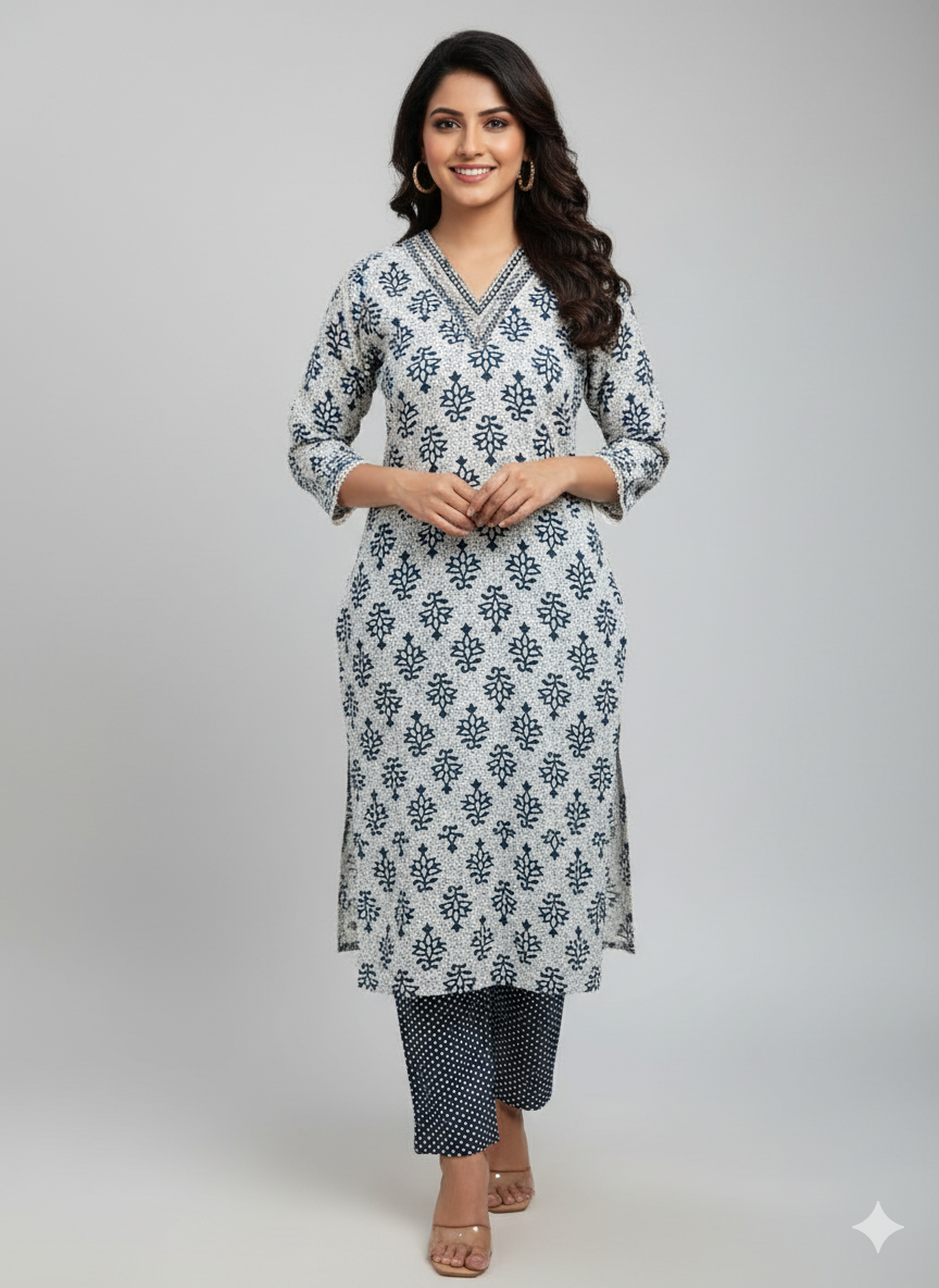 Navy Blue & White Kurta Set