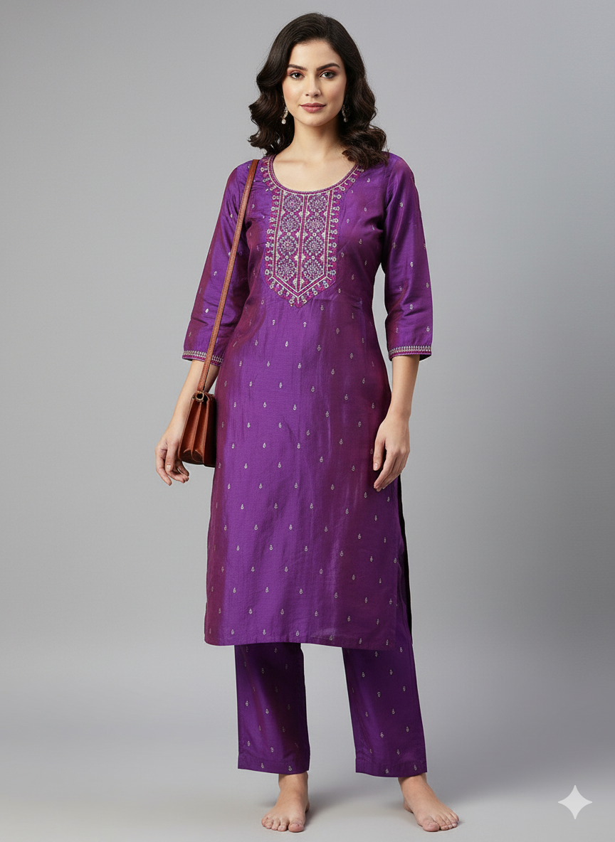 Purple Embroidered Kurta, Indian Ethnic Wear