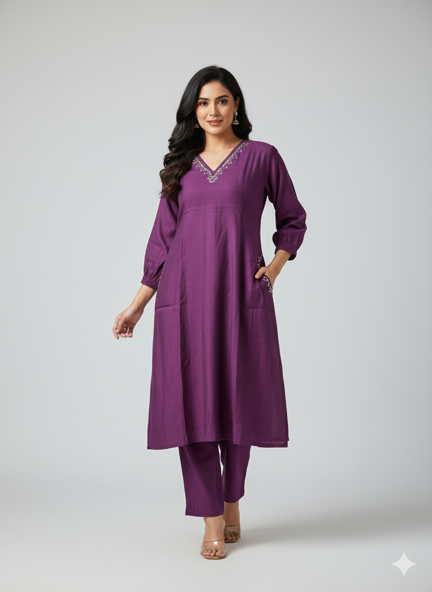 Lavender White V- neck mirror work embroidered jacquard silk Kurta Pant Set