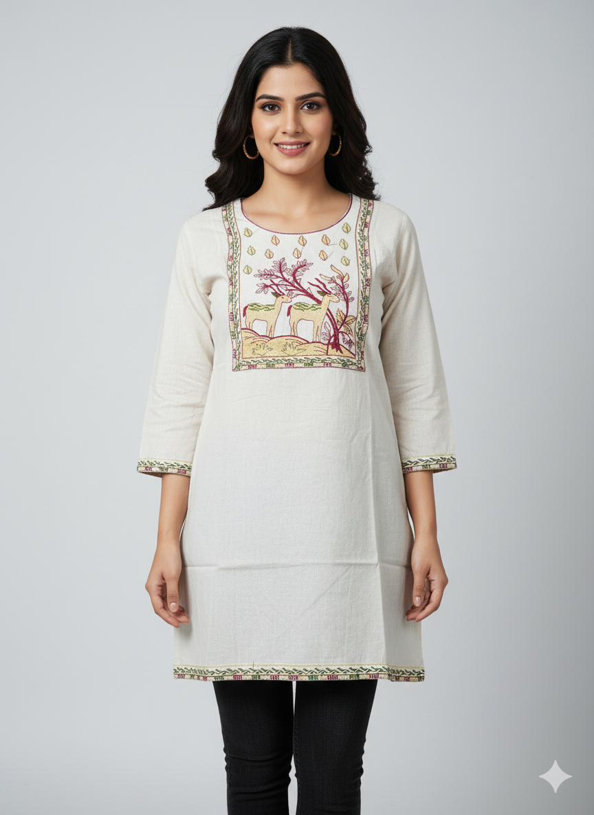Off-White Hand-Embroidered Cotton Kurti with Nature Motif