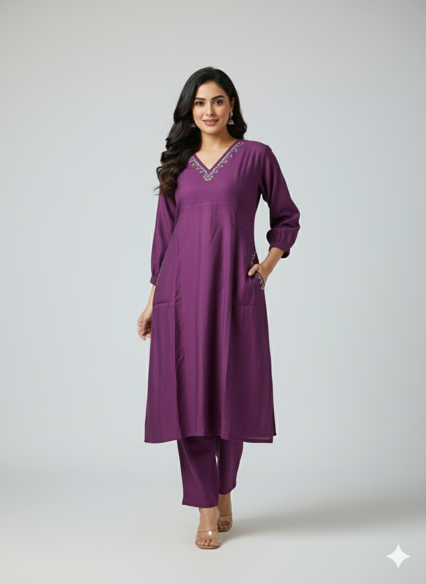 Lavender White V- neck mirror work embroidered jacquard silk Kurta Pant Set