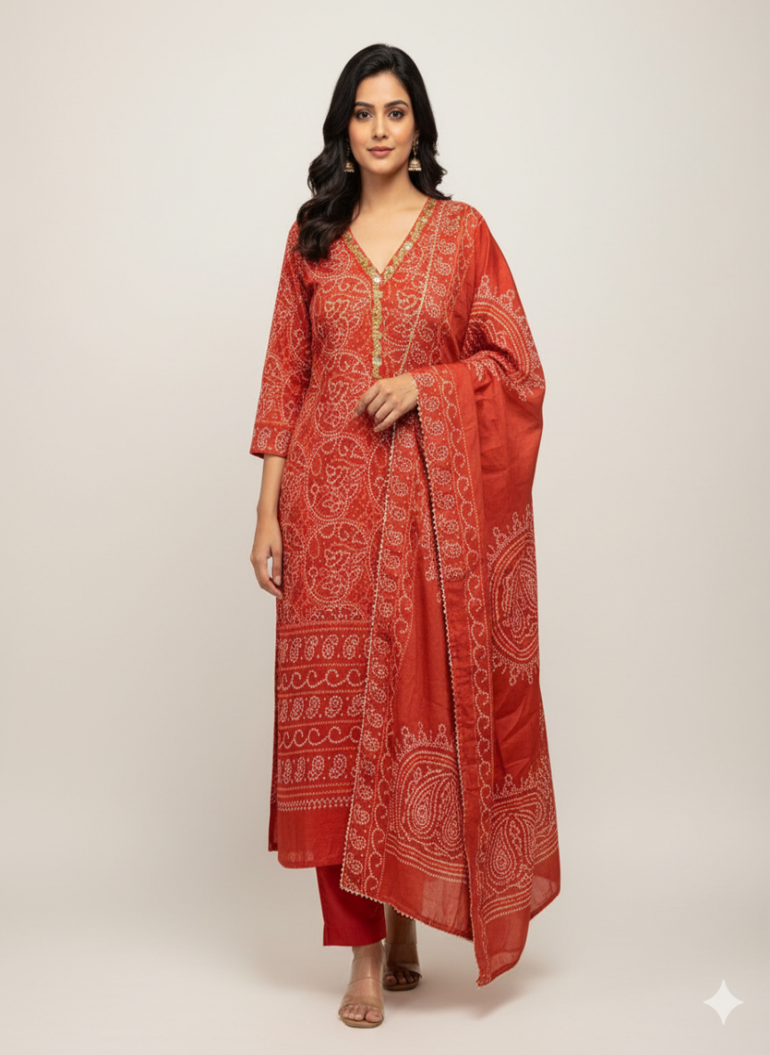 Red orange Bandhani Kurta Set with Gold Zari Work