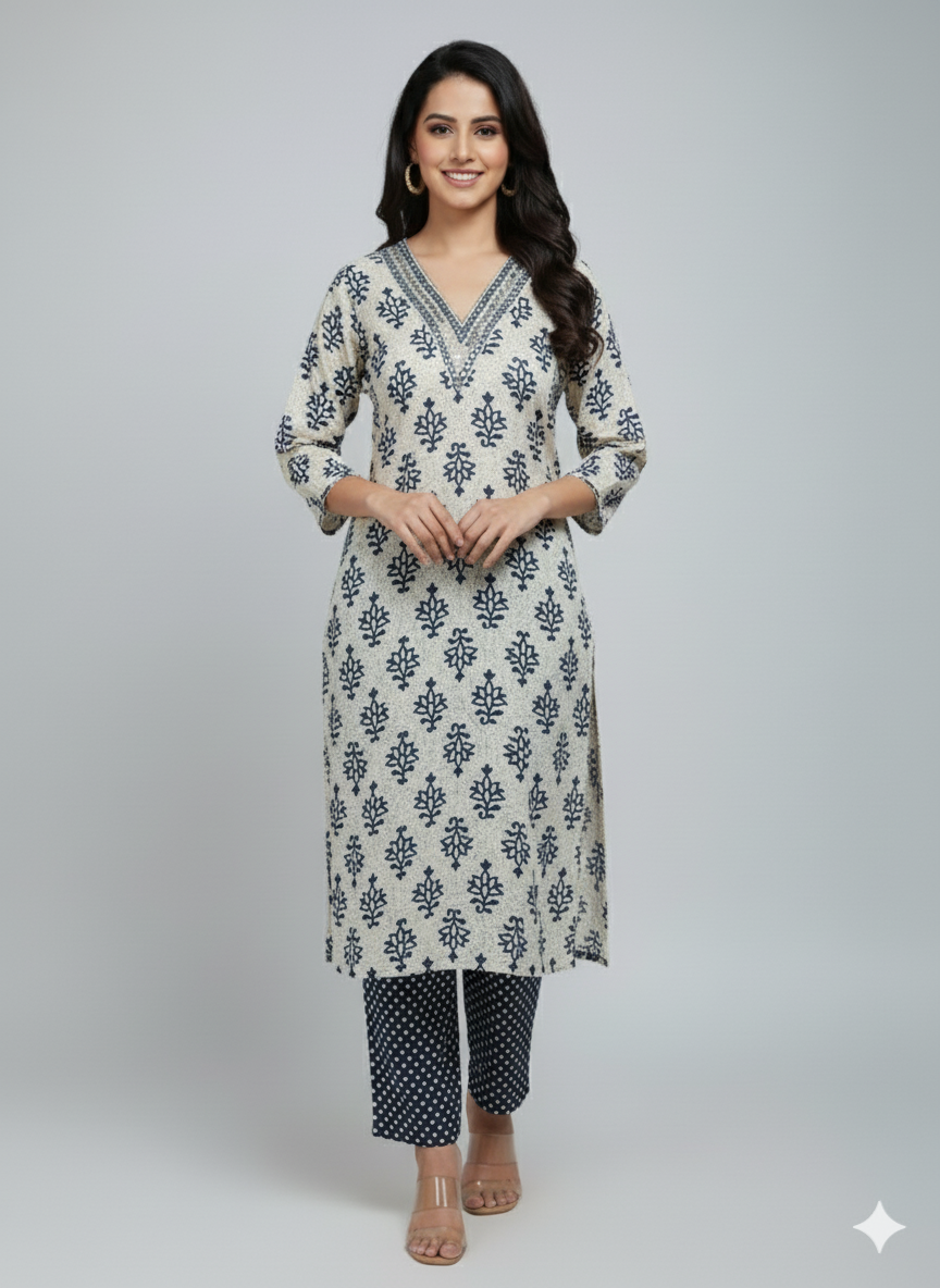 Navy Blue & White Kurta Set