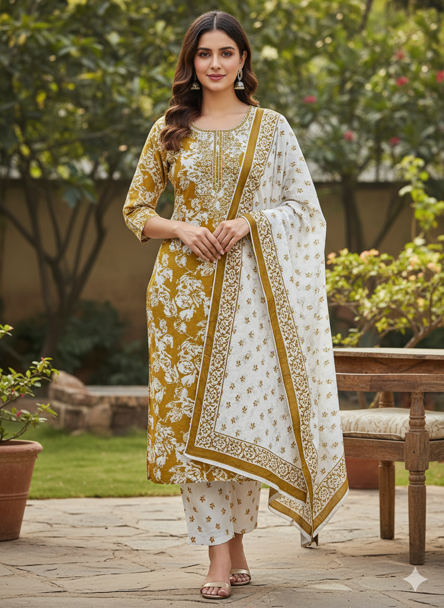Embroidered Floral Print Kurta Set with Pants & Dupatta