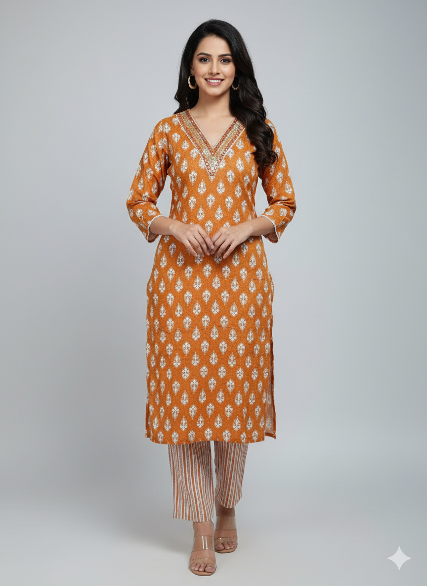 Orange & White Block Print Kurta Set