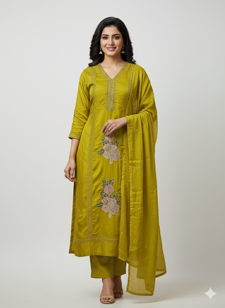 Haldi yellow with intricate embroidery silk suit set