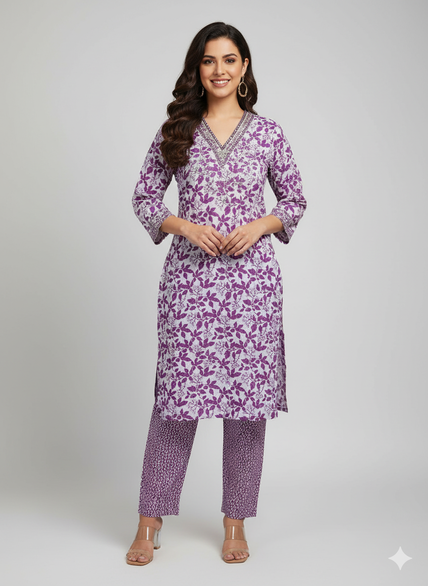 Purple & White Floral Kurta Set