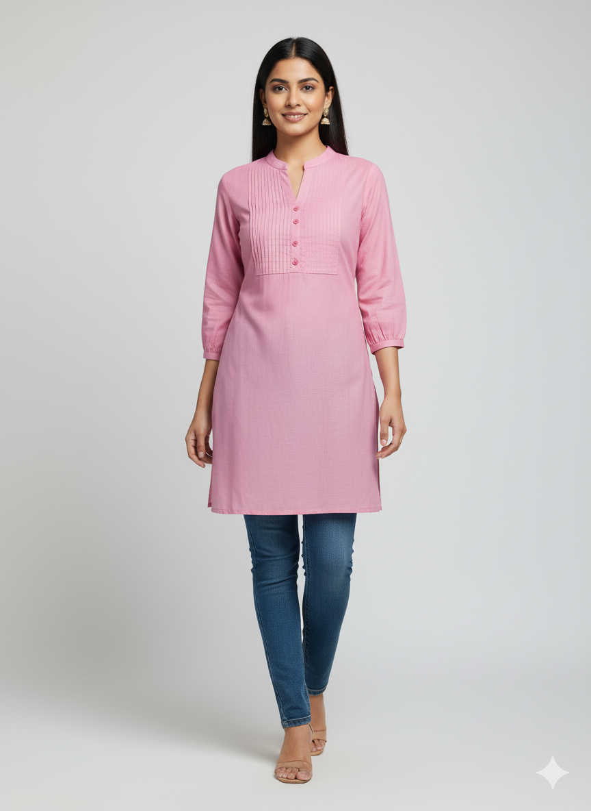 Soft Pink Cotton Pleated Kurta with Side Slits