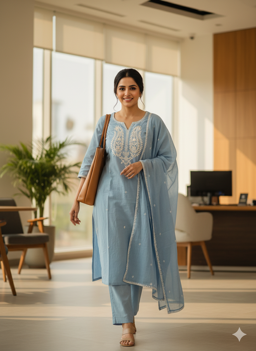 Sky Blue Embroidered kurta pant dupatta suit set