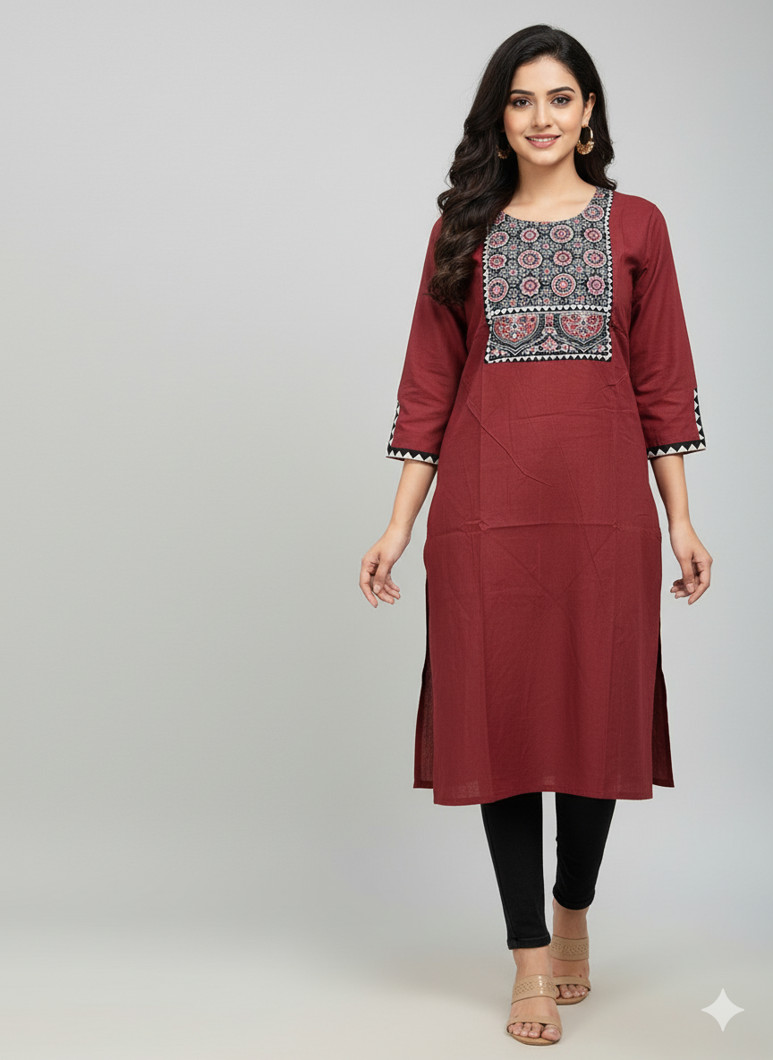 Maroon Hand-Embroidered Ajrakh-Style Cotton Kurta