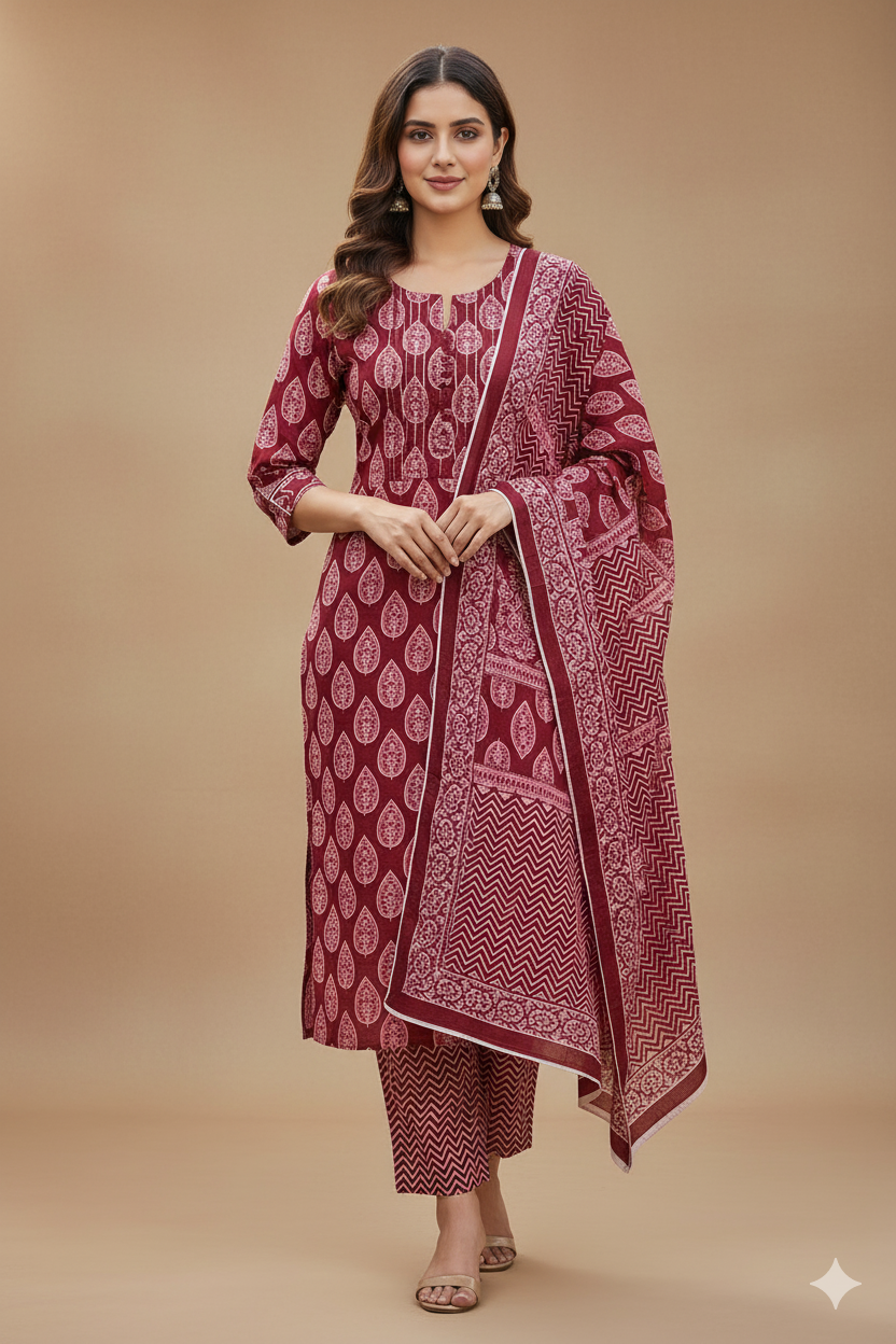 Comfortable Maroon Cotton Kurta Set for Daily Wear