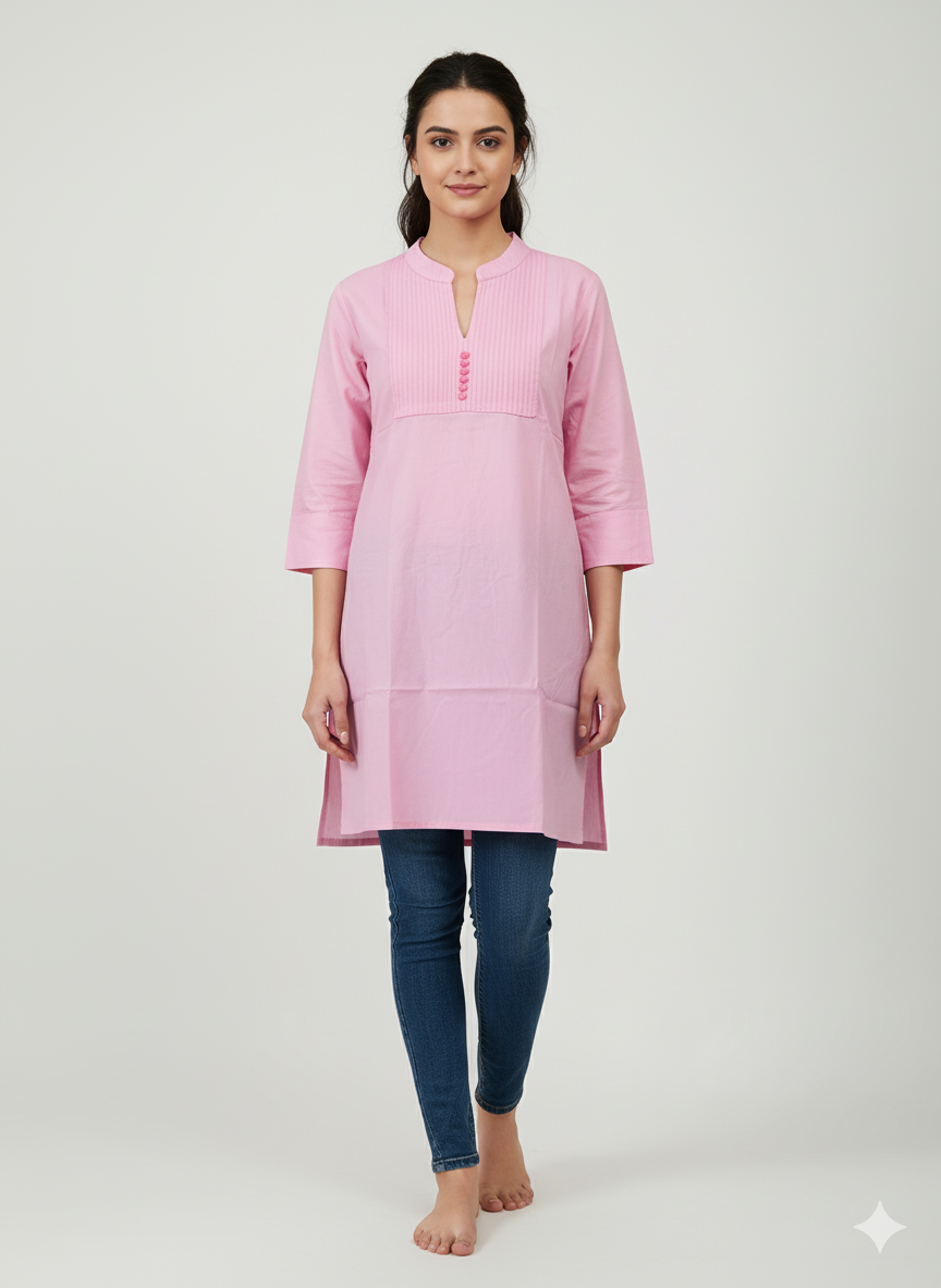 Soft Pink Cotton Pleated Kurta with Side Slits