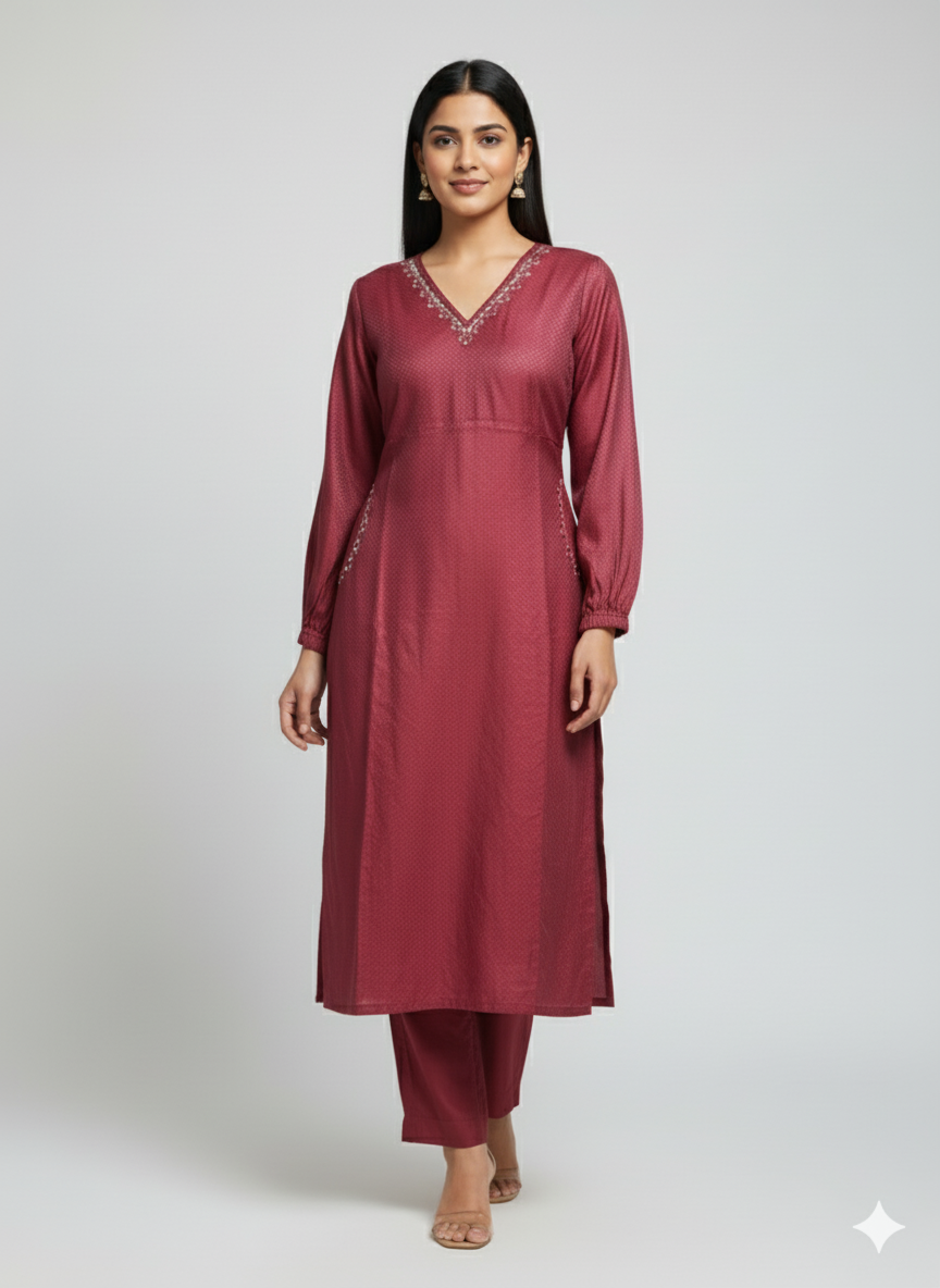 Maroon Jacquard Kurta Set