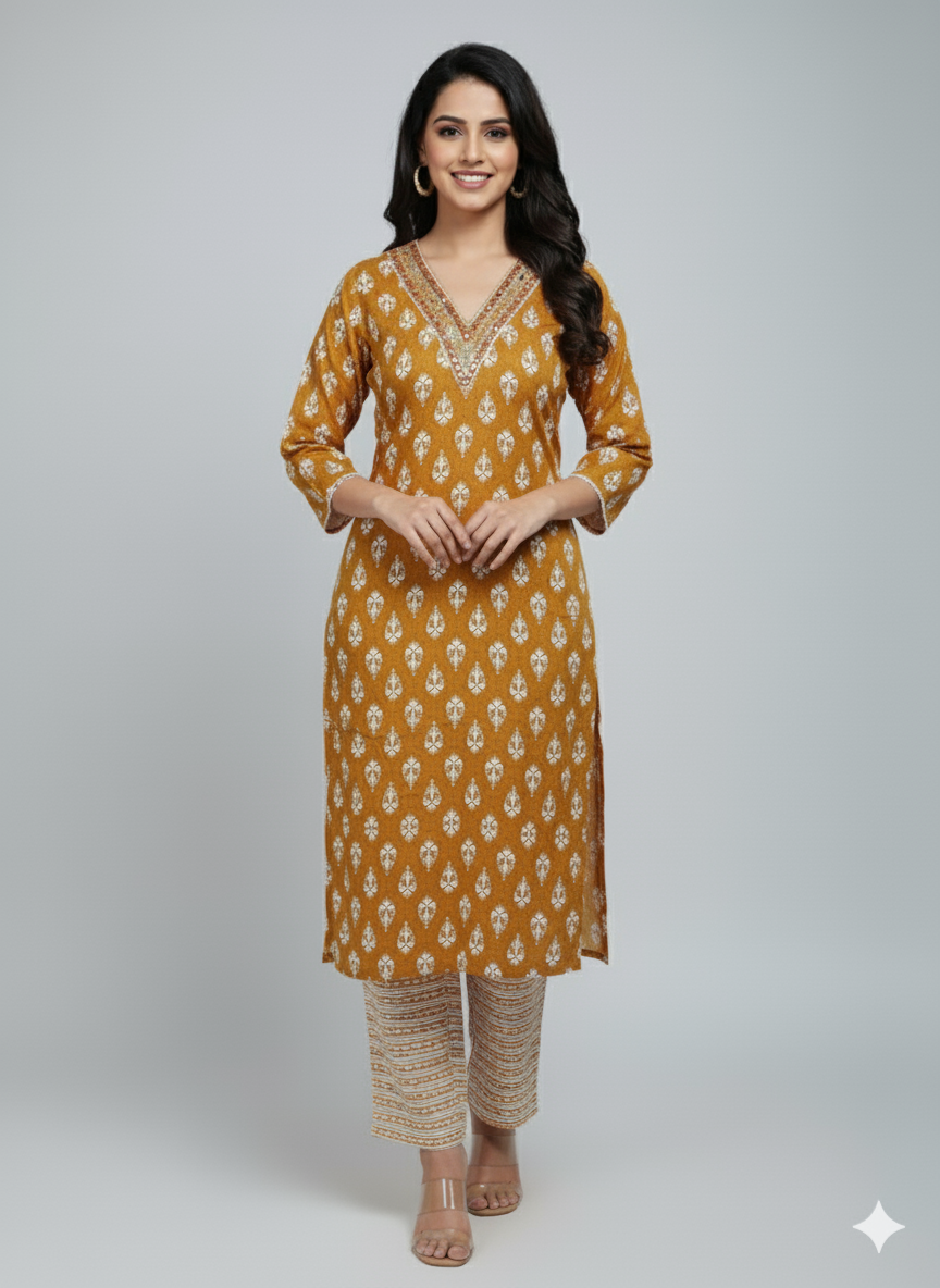 Mustard Yellow Paisley Kurta Set