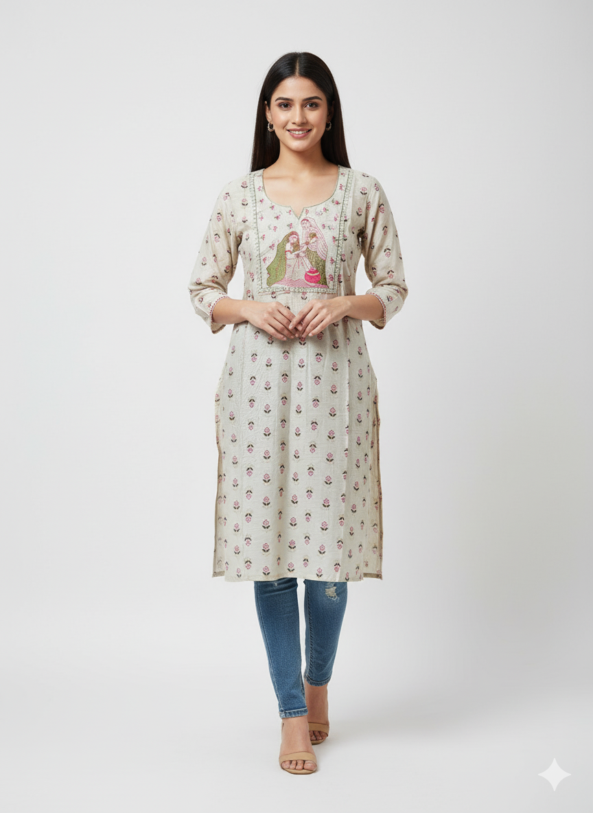 Handcrafted Beige Cotton Kurti with Traditional Embroidery