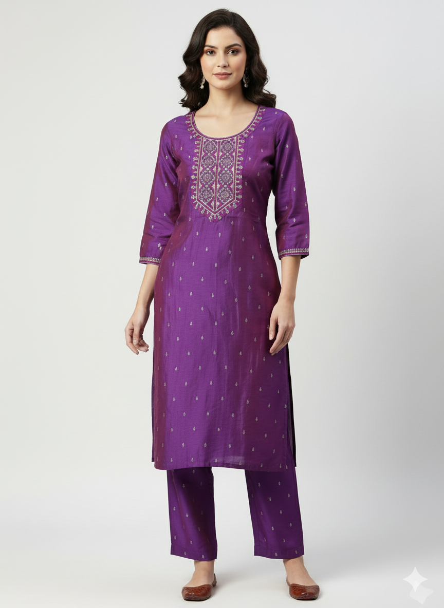 Purple Embroidered Kurta, Indian Ethnic Wear