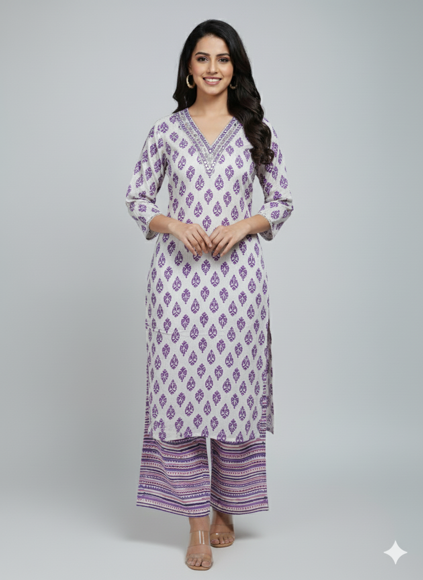 White & Purple Printed Kurta Set