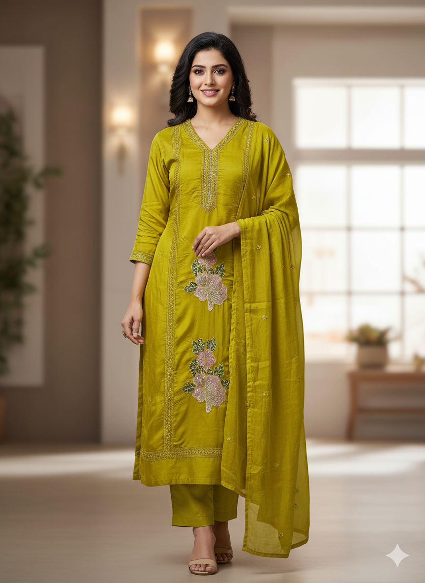 Haldi yellow with intricate embroidery silk suit set