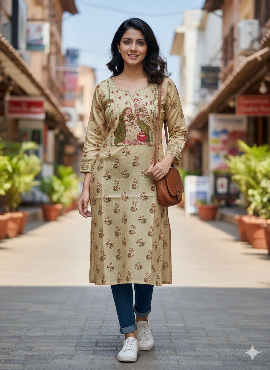 Handcrafted Beige Cotton Kurti with Traditional Embroidery