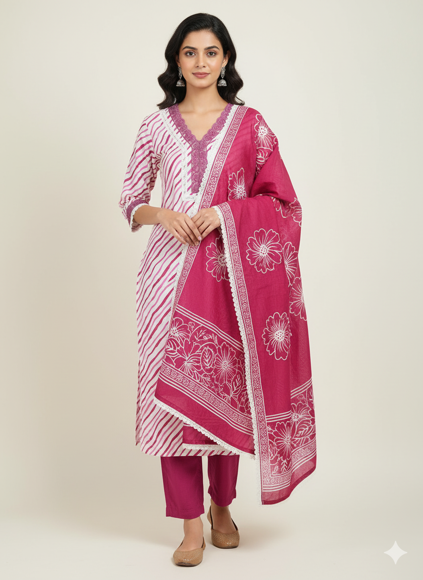 Pink & White Leheriya Kurta Set with Lace Work