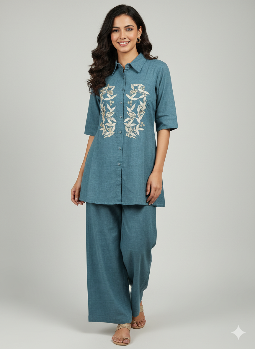 Teal Blue Embroidered Shirt & Pant cord Set