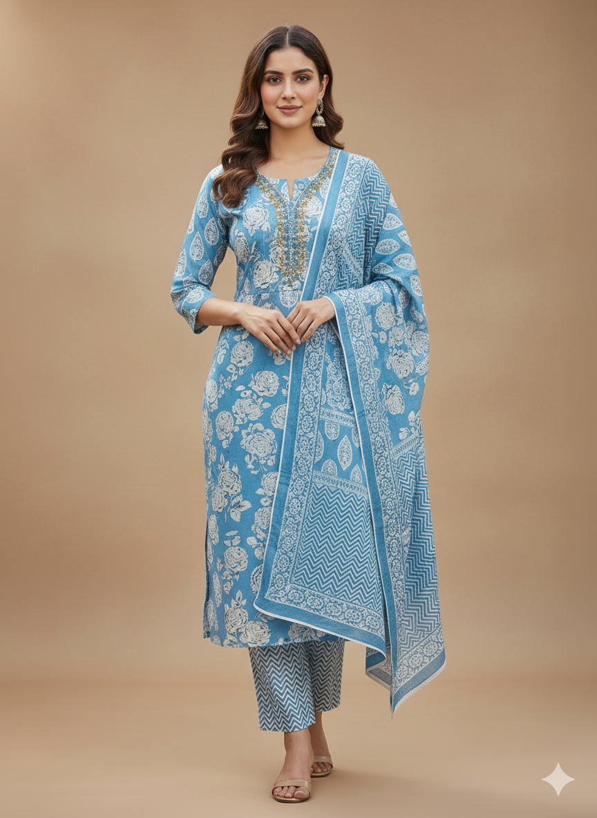 Blue Floral Printed Kurta Set with Embroidered Neckline