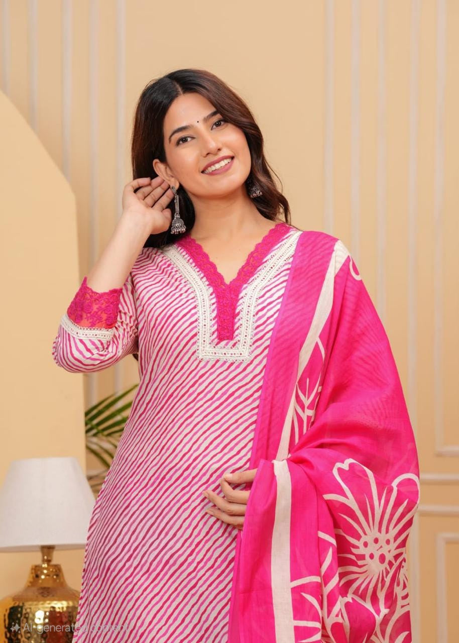 Pink & White Leheriya Kurta Set with Lace Work