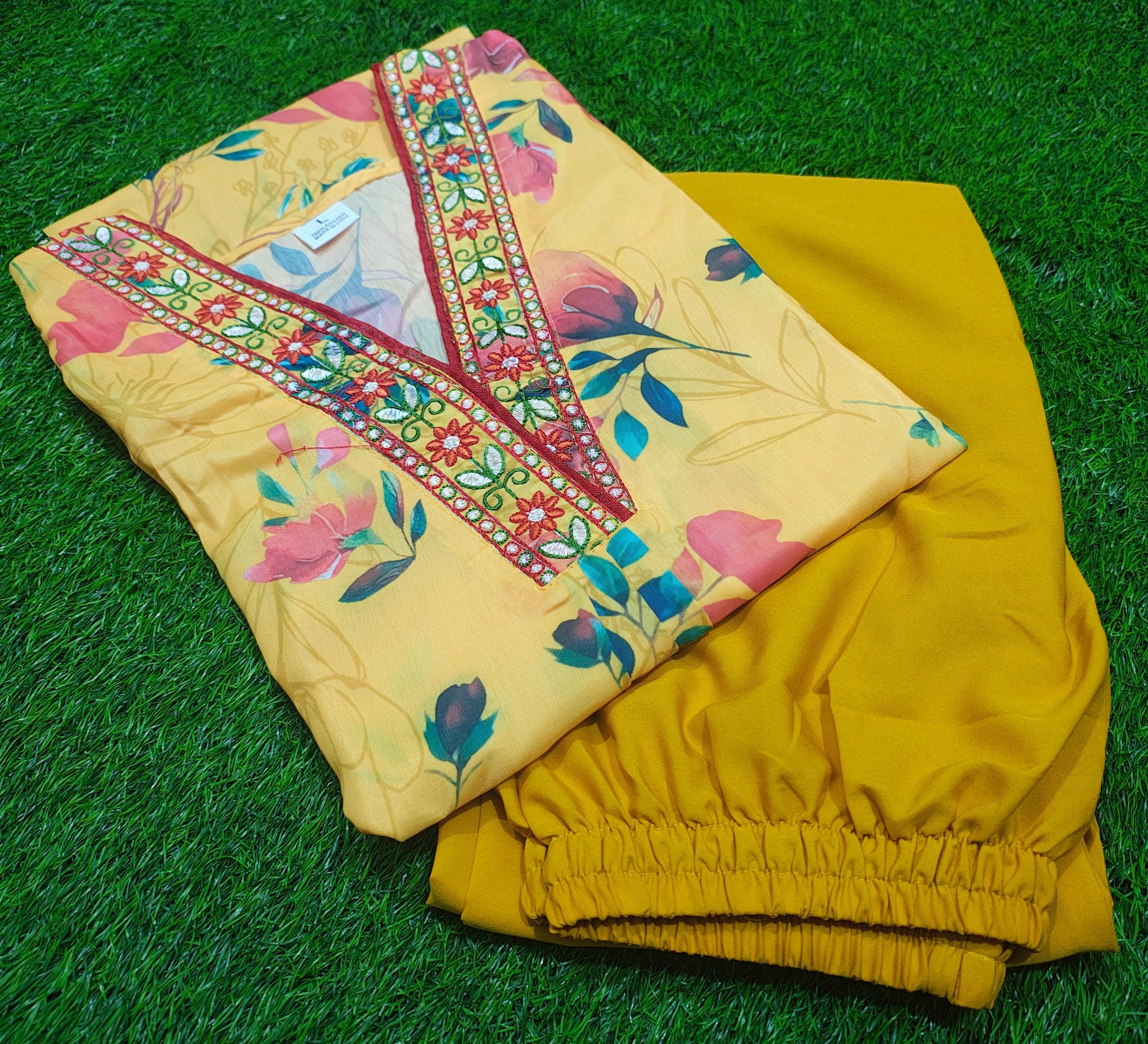 Yellow Floral Printed Kurta Set with Embroidered Neckline