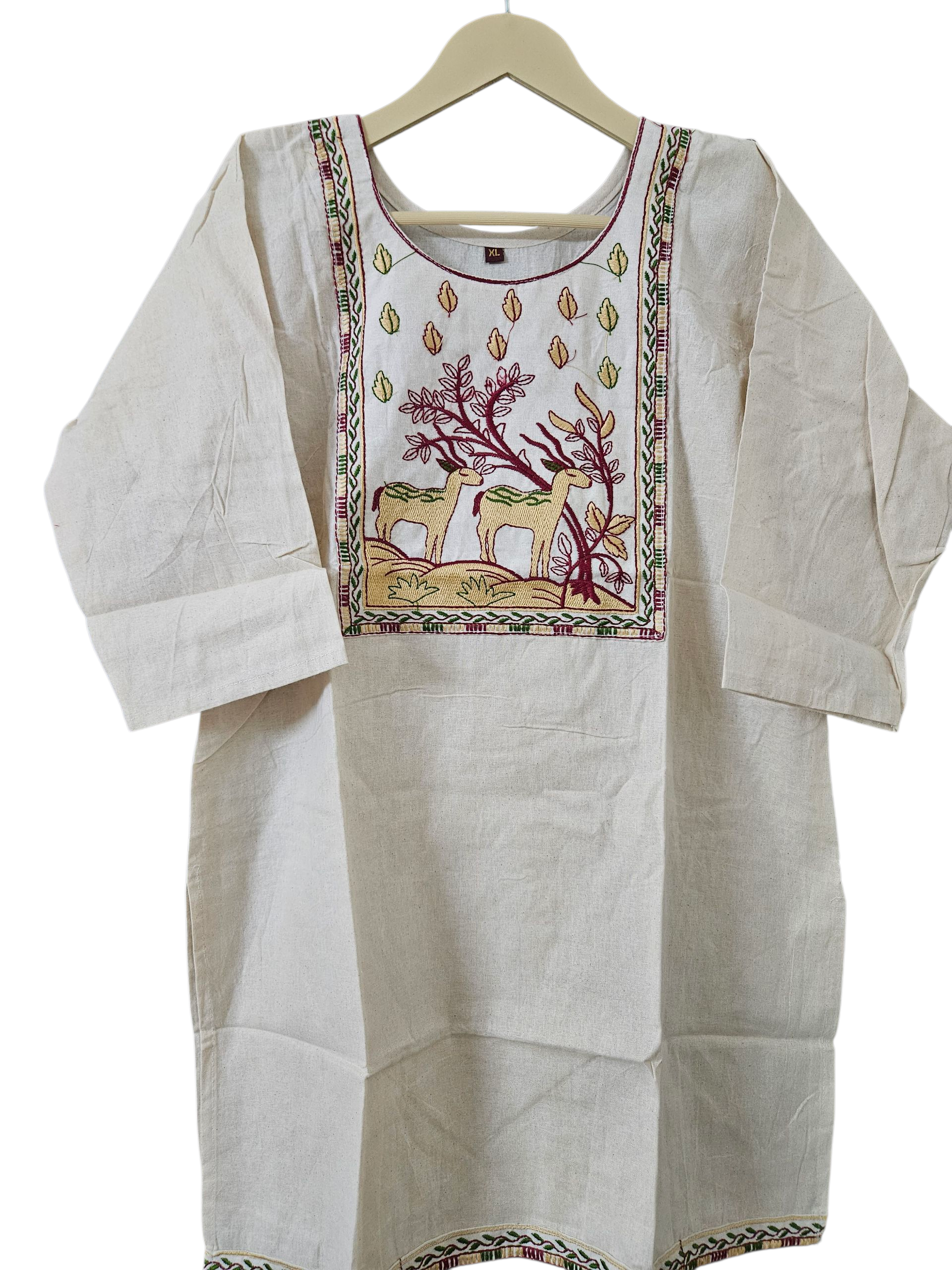 Off-White Hand-Embroidered Cotton Kurti with Nature Motif