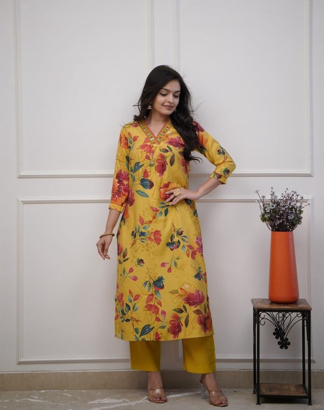 Yellow Floral Printed Kurta Set with Embroidered Neckline