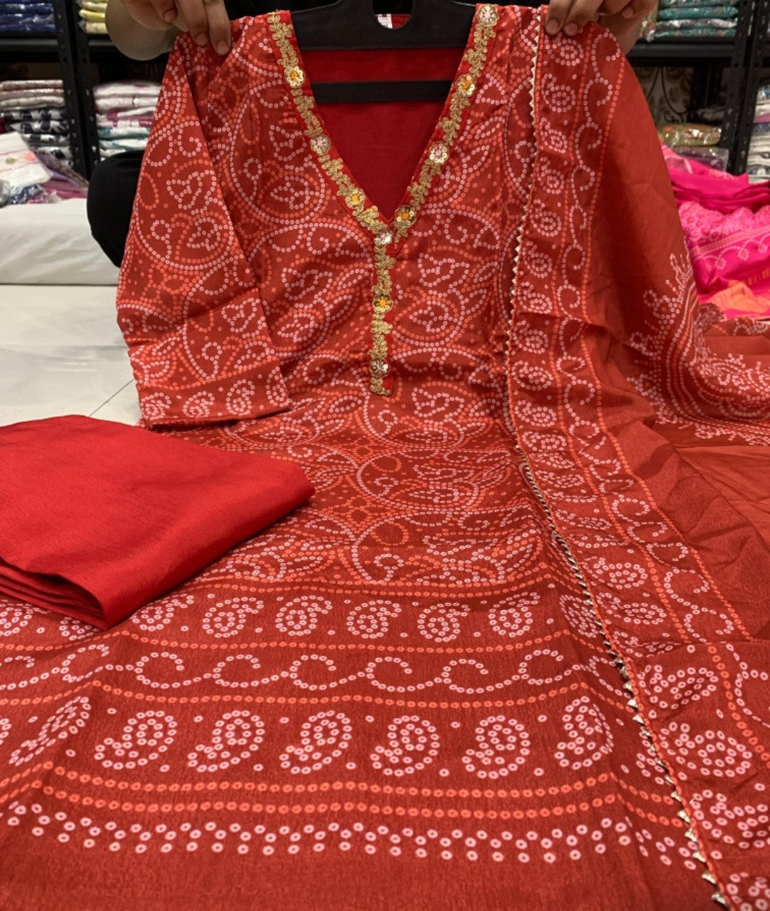 Red orange Bandhani Kurta Set with Gold Zari Work