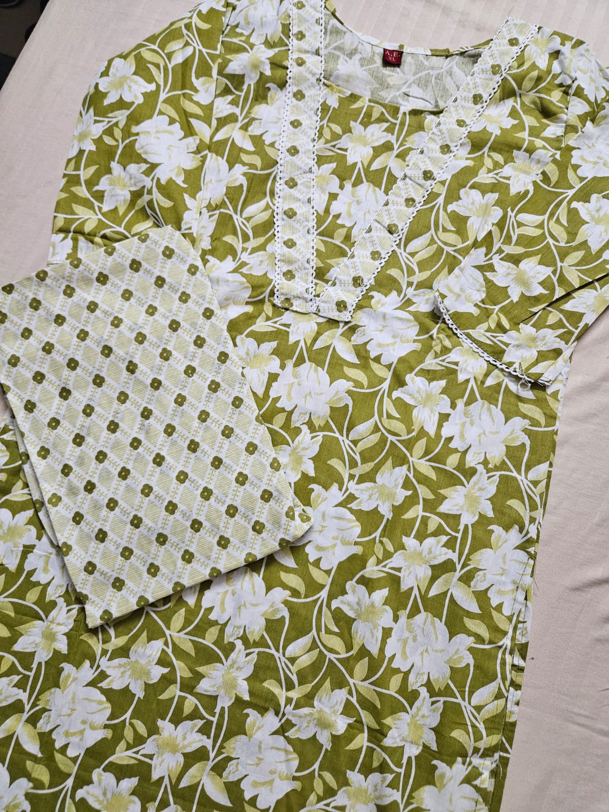 Olive Green Floral Kurta Set with pants