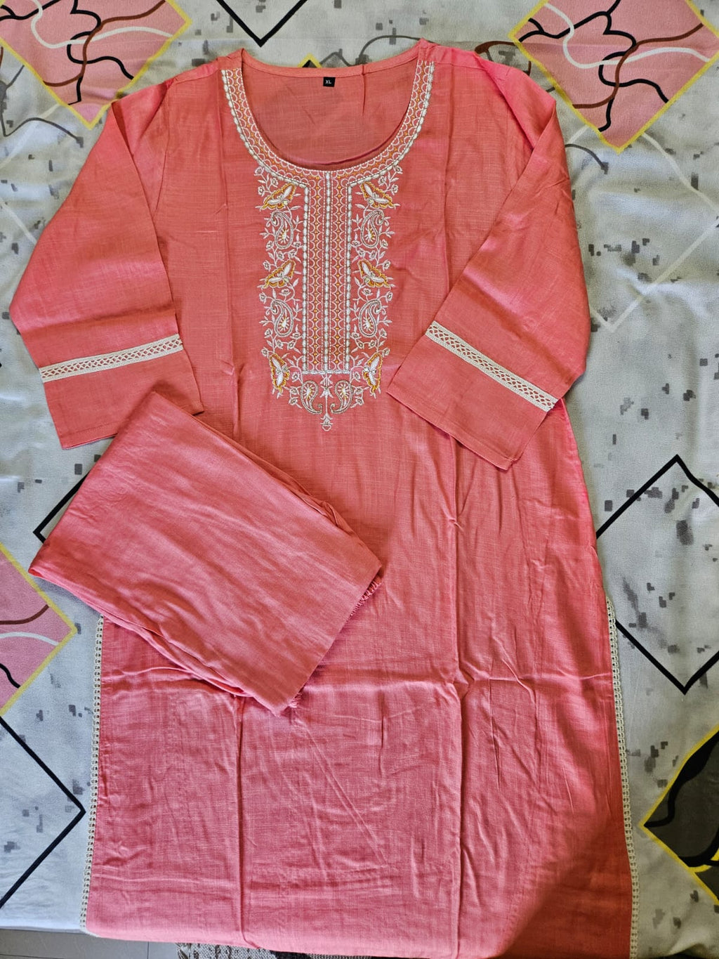 Peach Embroidered Kurta Set/Cord set