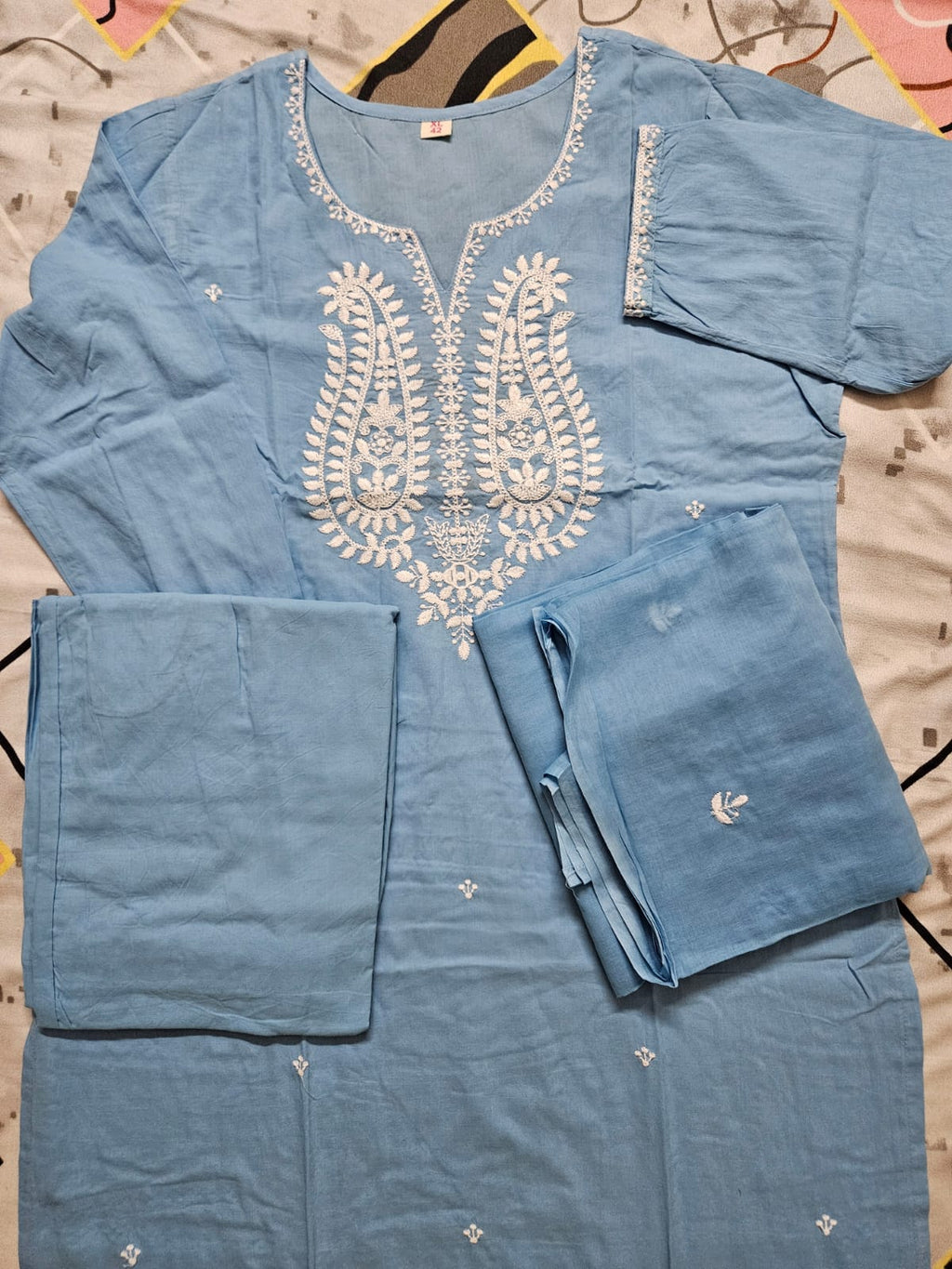 Sky Blue Embroidered kurta pant dupatta suit set