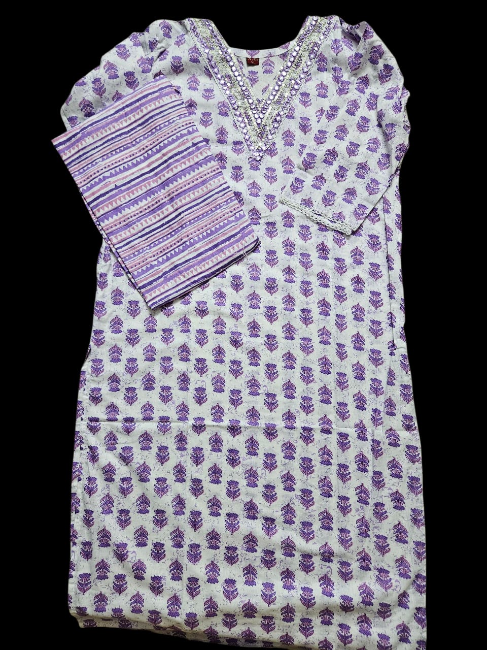 White & Purple Printed Kurta Set