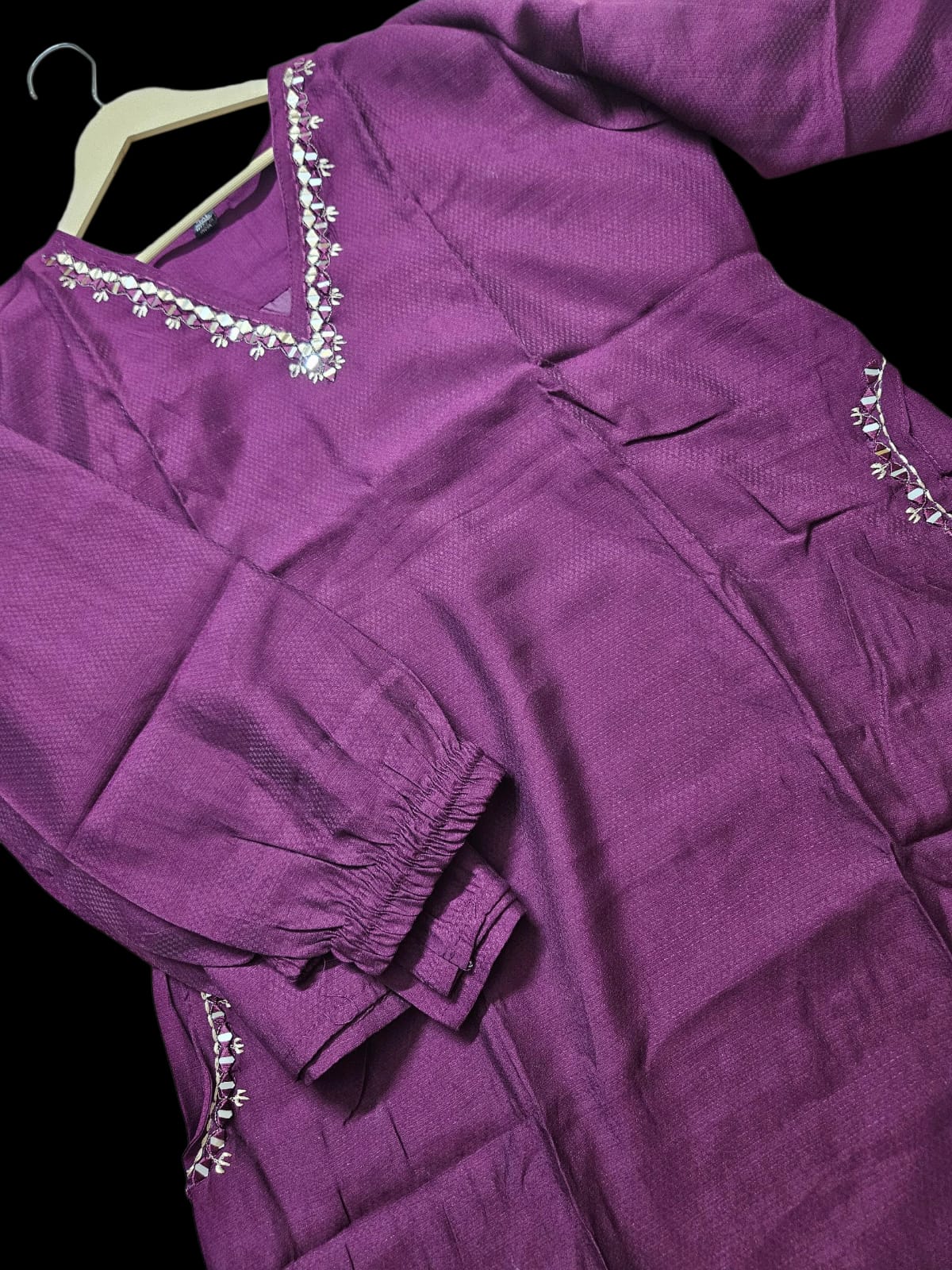 Lavender White V- neck mirror work embroidered jacquard silk Kurta Pant Set