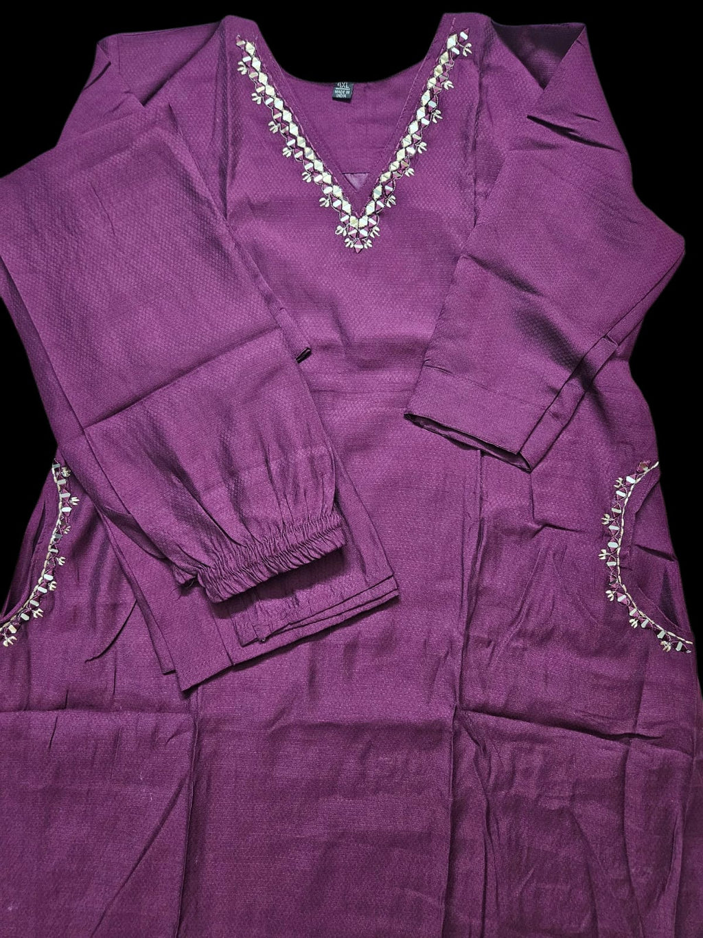 Lavender White V- neck mirror work embroidered jacquard silk Kurta Pant Set