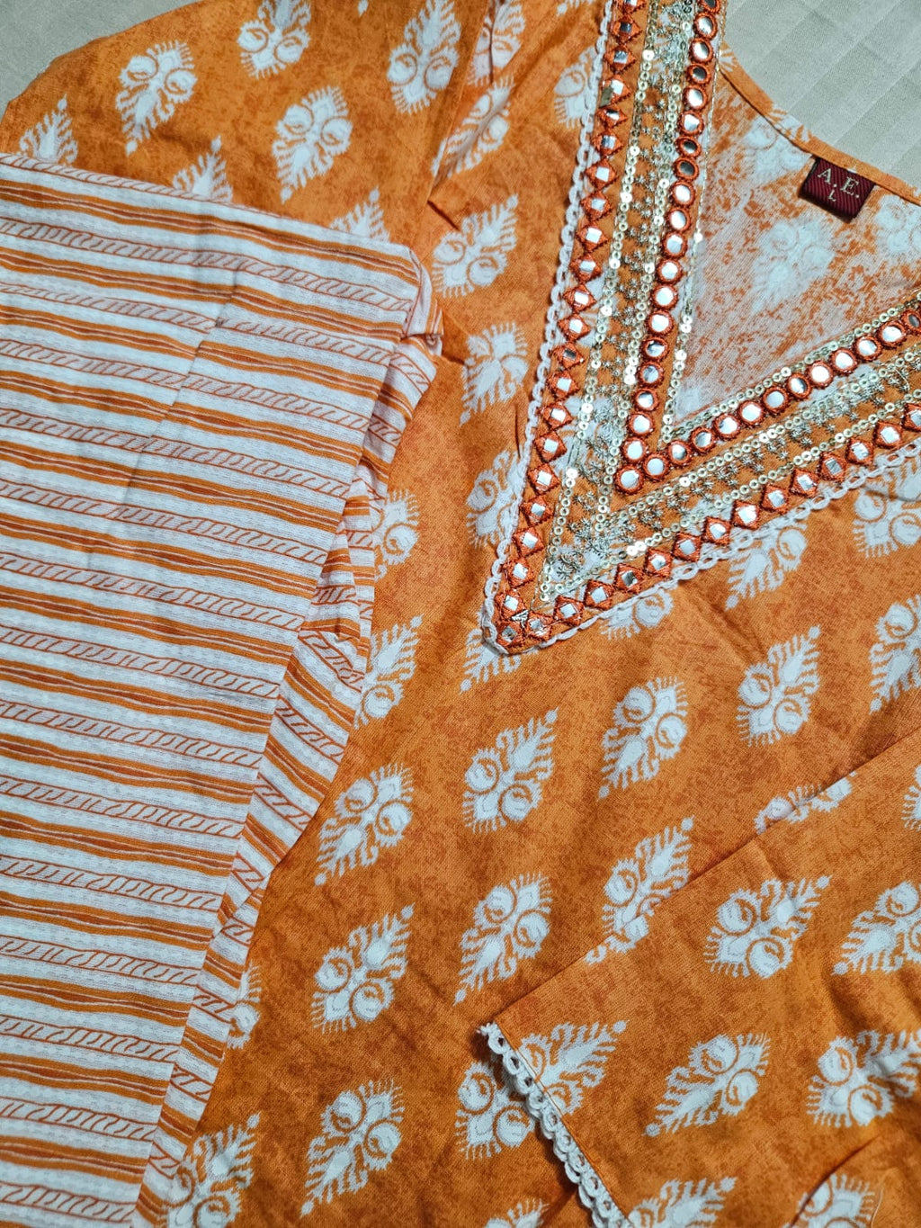 Orange & White Block Print Kurta Set