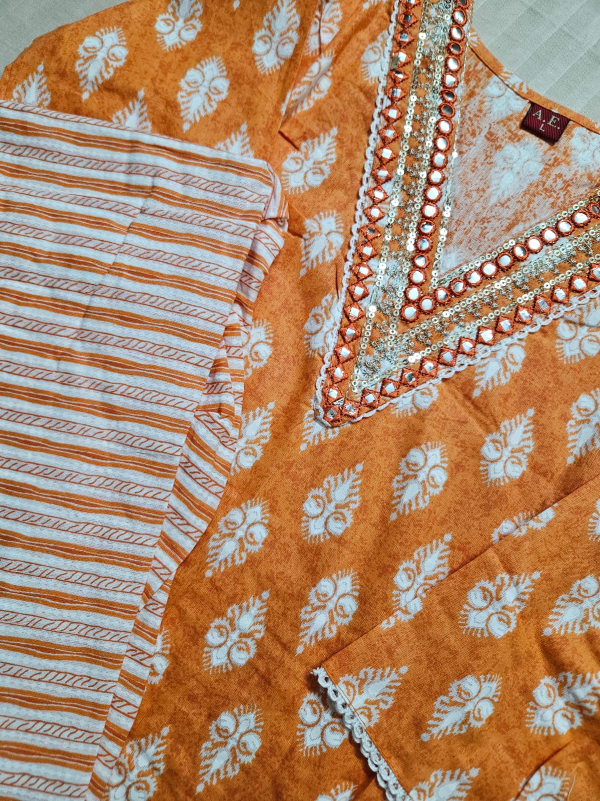 Orange & White Block Print Kurta Set
